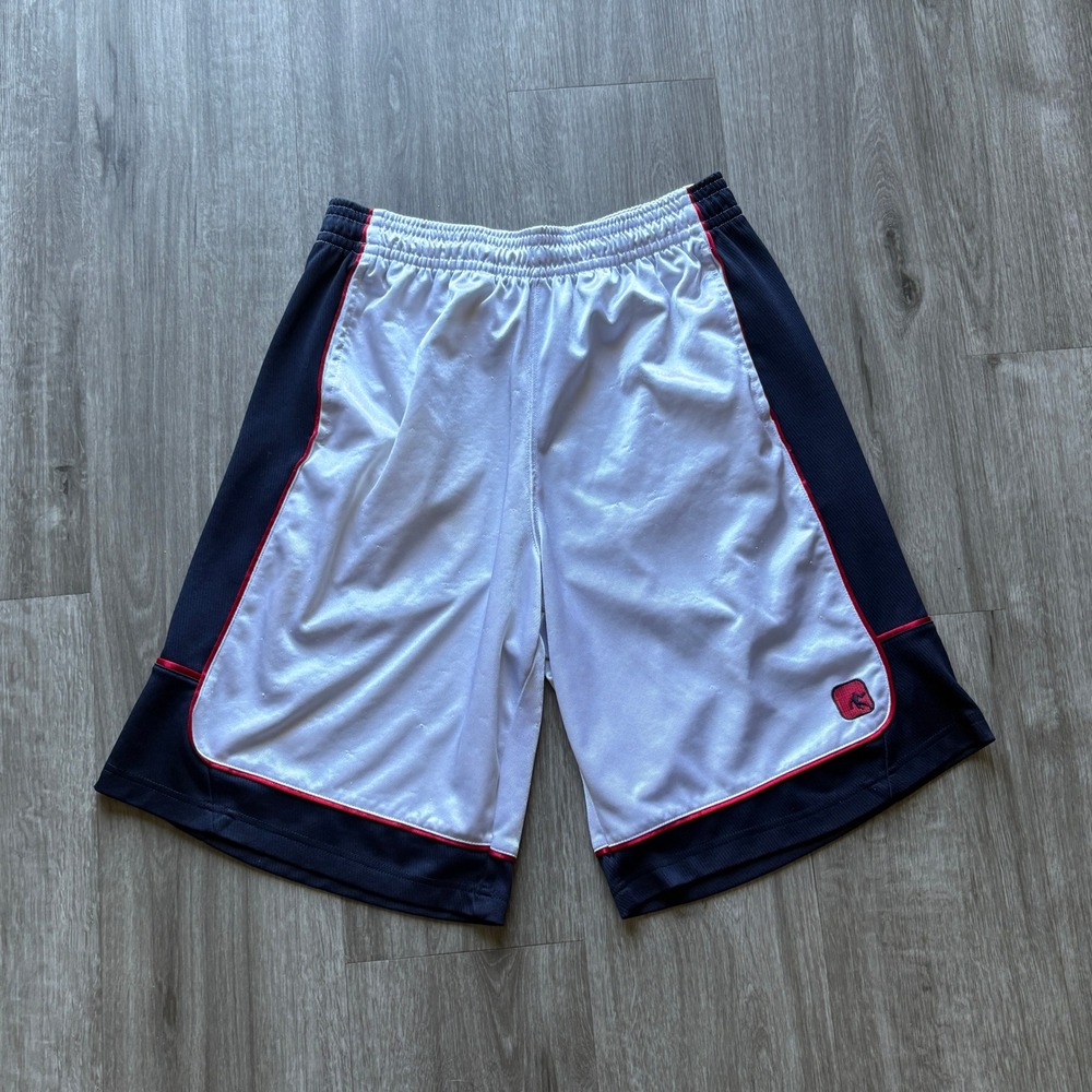 AND1 Mens Basketball Shorts Large White Navy Blue Red Colorblock Mesh Athletic